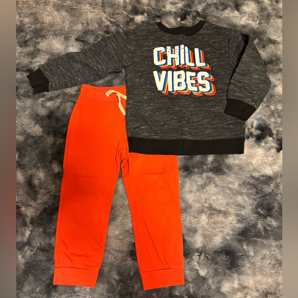 “Chill Vibes" space-dyed graphic sweatshirt and bright orange joggers size 3T